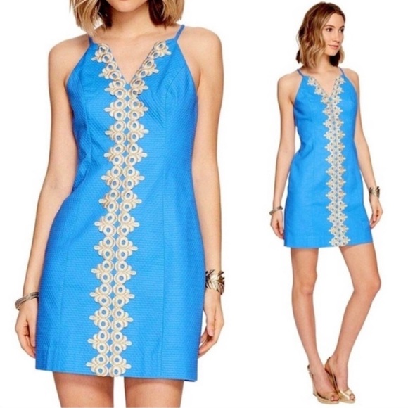 Lilly Pulitzer Pearl Shift Dress in Blue with Gold Embroidery Size 8 - Picture 1 of 9